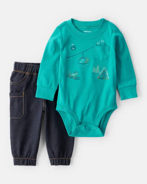 [20261009] Baby Boy Skiing Print Long-Sleeve Bodysuit & Pant Set
