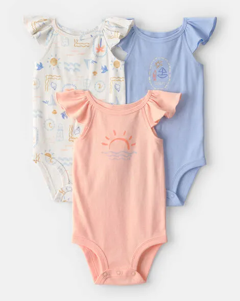 [20261046] Baby Girl Beach Flutter-Sleeve Multipack Bodysuits