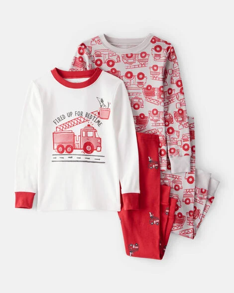 [20261026] Toddler Firetruck Print 100% Cotton Long-Sleeve Snug  Pajamas