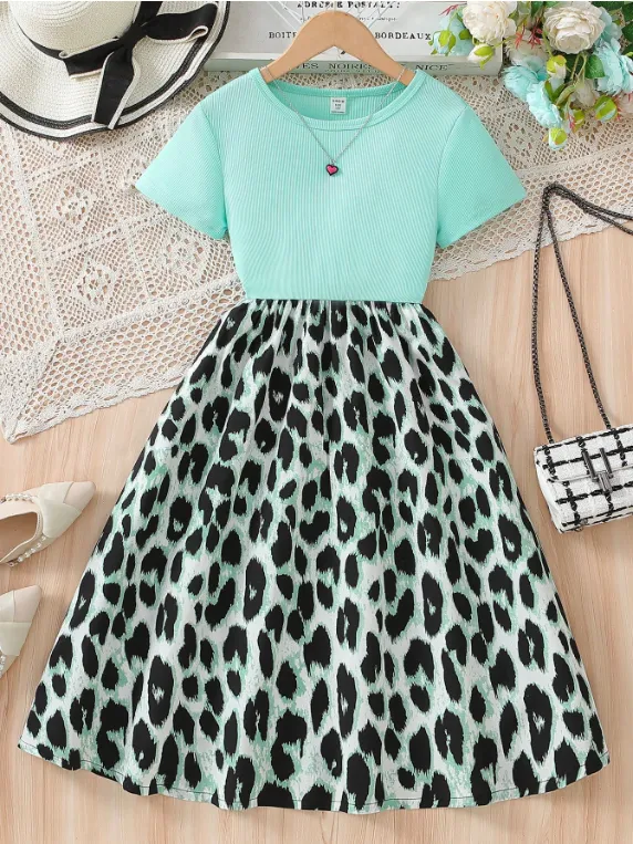 [20261053] Sparklyn Tween Girls Short Sleeve Knit Patchwork Leopard Print Casual Dress (8 Y)
