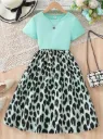 Sparklyn Tween Girls Short Sleeve Knit Patchwork Leopard Print Casual Dress