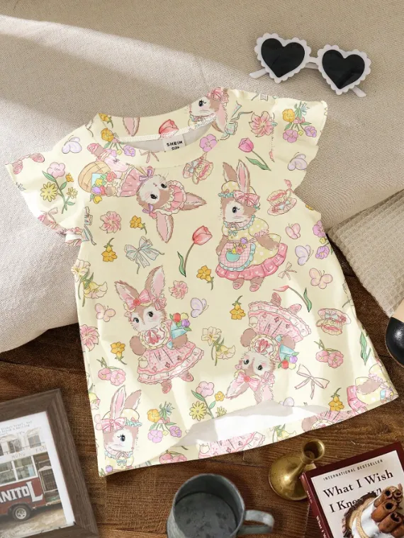 [20261054] Cute Bunny Print Pastoral Style Vintage Bohemian Pastel Floral Pattern Shirt
