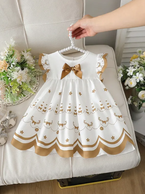 [20261060] Infant/Baby Girl White Fabric Round Neck Dress With Brown Satin Bow, Ruffle Sleeves, Foot Print & Hearts