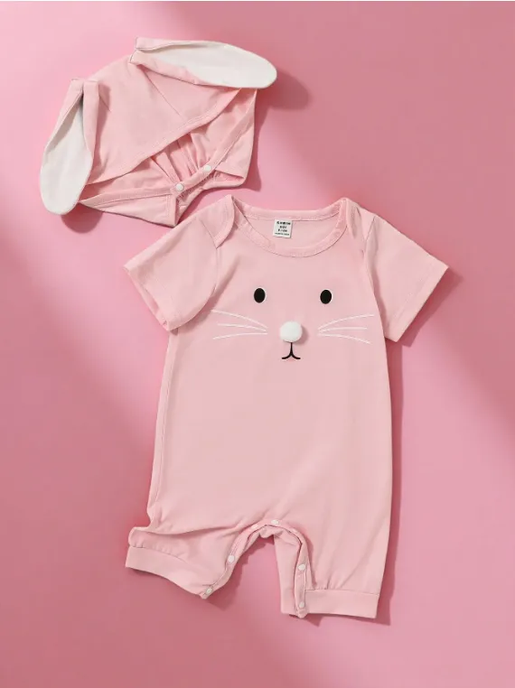 [20261055] 2pcs Set Baby Boys Cute Rabbit Themed Playsuit With 3D Rabbit Ear Hat