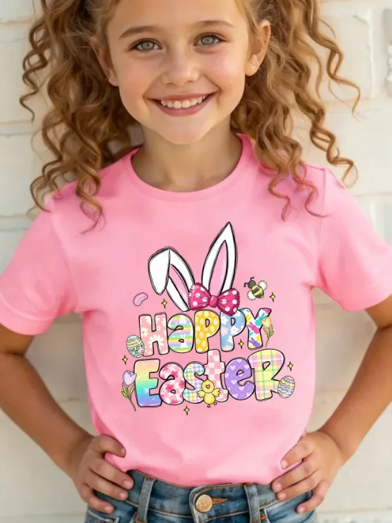 [20261063] Girls' Casual Pink Easter T-Shirt With Bee And Bunny Ears Cartoon Print | Regular Fit, Crew Neck, Slight Stretch Fabric