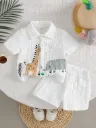 2pcs Baby Boy Textured Cute Cartoon Print Shirt And Shorts