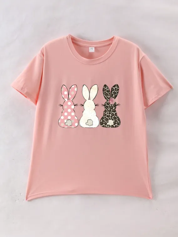 [20261067] Cartoon Rabbit Print Round Neck T-Shirt, Casual Soft Top