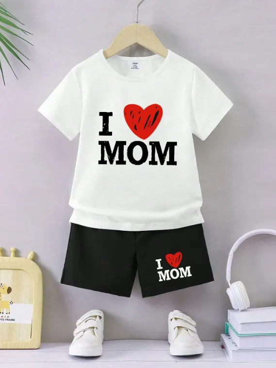 [20261072] 2pcs Baby Boys' Cute Heart & Letter Print Casual Comfortable Round Neck Short Sleeve Top And Shorts