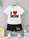 2pcs Baby Boys' Cute Heart & Letter Print Casual Comfortable Round Neck Short Sleeve Top And Shorts