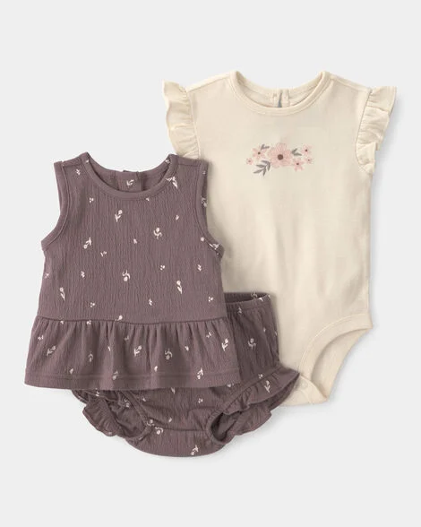 [20260435] Baby Girl 3-Piece Floral Top, Bodysuit & Short Set