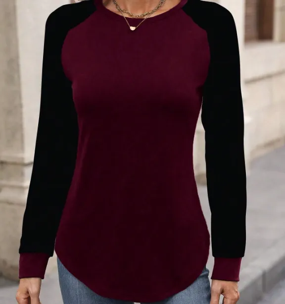 [20261701] Women Casual Color Block Raglan Sleeve Long Sleeve T-Shirt