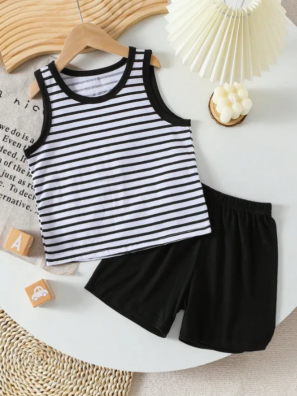 [20261708] Boys Summer Sleeveless Striped Printed Vest And Shorts Outfit