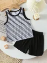 Boys Summer Sleeveless Striped Printed Vest And Shorts Outfit