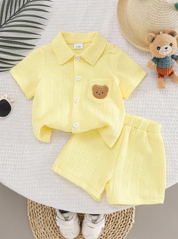[20261710] Toddler Boys Textured Pocket Bear Embroidered Shirt And Shorts Street Fashion