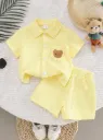 Toddler Boys Textured Pocket Bear Embroidered Shirt And Shorts Street Fashion
