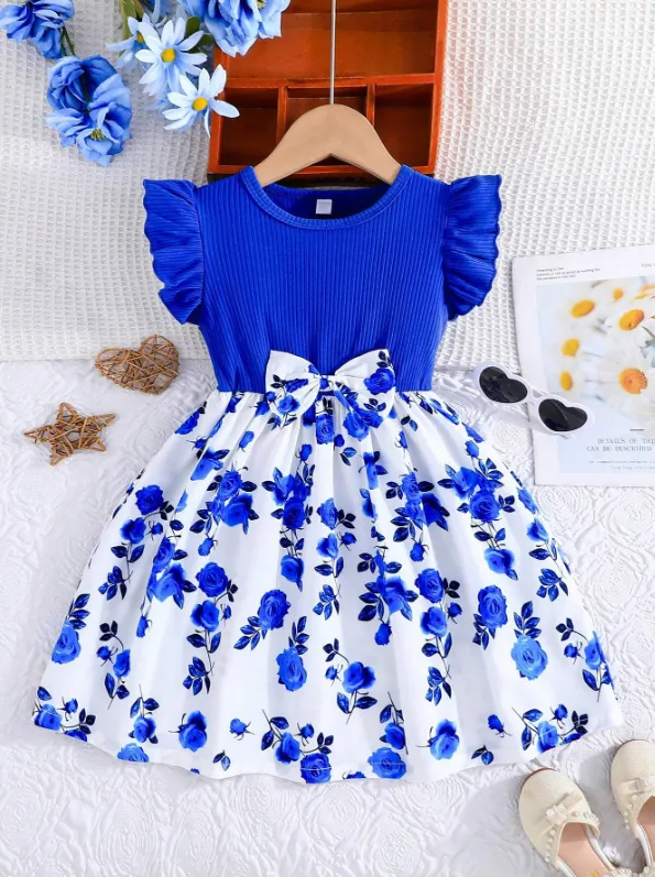 [20261711] Young Girl Summer Casual Dress With Ruffled Sleeves, Bow And Rose Print (2-3 Y)