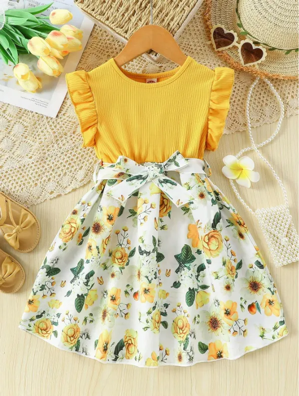 [20261714] Young Girl Knitted Ribbed Patchwork Floral Print Dress (2-3 Y)