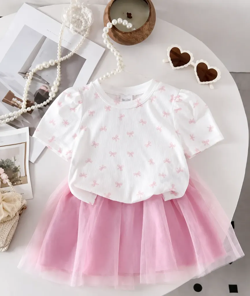 [20261715] Baby Girl Butterfly Print Puff Sleeve T-Shirt And Mesh Tulle Skirt
