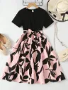 Teen Girl Spring And Summer Black Knitted Pit Solid Color Round Neck Short Sleeves/Waist Dress
