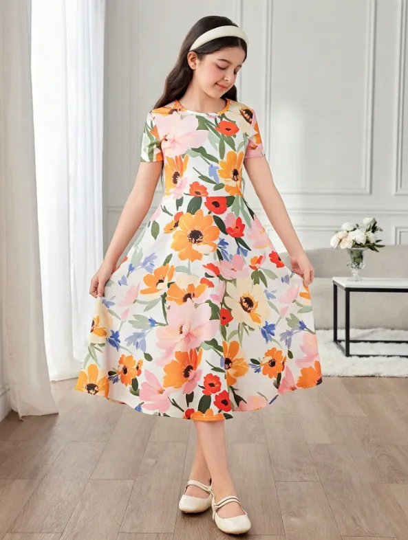 [20261719] Tween Girl Floral Print Crew Neck Waist Cinched Casual Midi Dress
