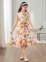 Tween Girl Floral Print Crew Neck Waist Cinched Casual Midi Dress