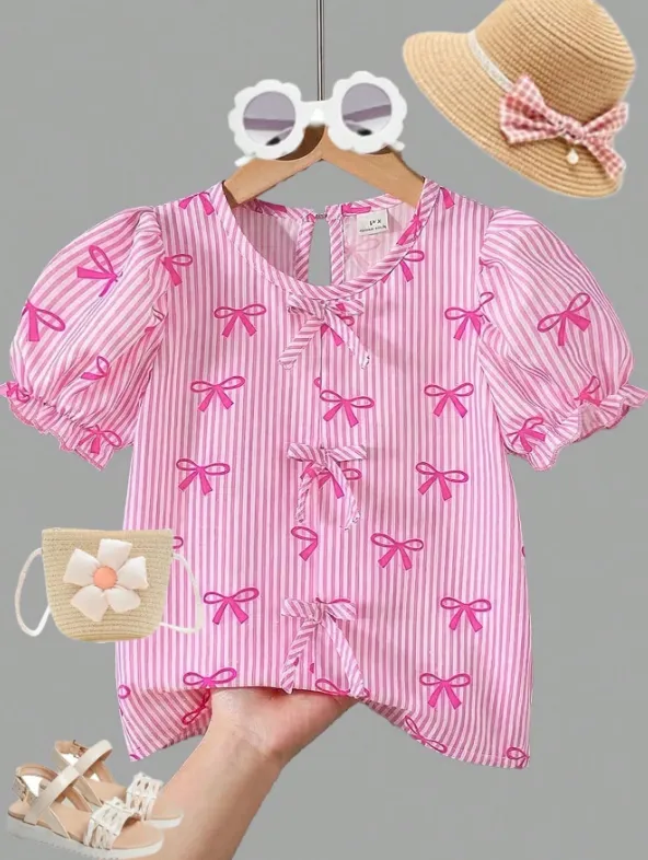 [20261720] Girls' Woven Fabric Bow Striped Digital Print Shirt,