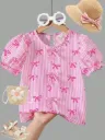 Girls' Woven Fabric Bow Striped Digital Print Shirt,