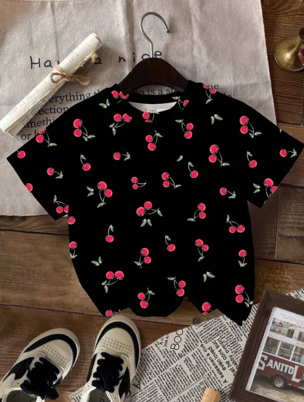 [20261721] Cherry Print, Black, Young Girl Casual Minimalist Round Neck Short Sleeve T-Shirt