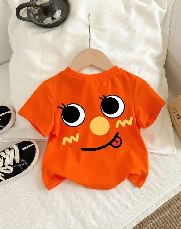 [20261722] Cartoon Smiling Face Print Orange Short Sleeve Round Neck T-Shirt