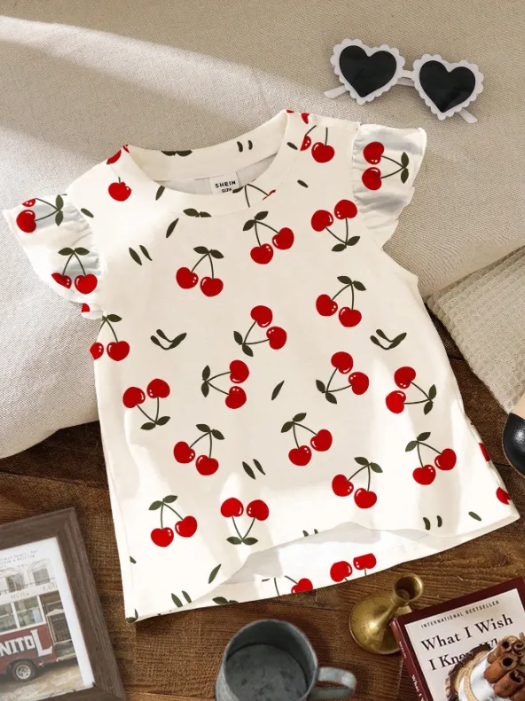 [20261723] Young Girl Cute Mini Cherry Print, "Cherry Girl" Casual Fashionable Cute Cap Sleeve Round Neck Top