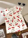 Young Girl Cute Mini Cherry Print, "Cherry Girl" Casual Fashionable Cute Cap Sleeve Round Neck Top
