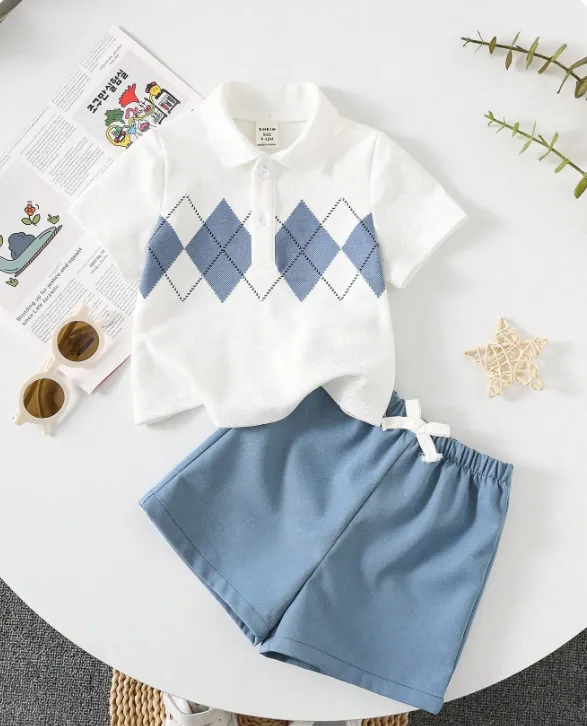[20261724] Toddler Kids Casual Diamond Pattern White Polo Shirt And Blue Shorts Set (6-9 M)