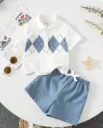 Toddler Kids Casual Diamond Pattern White Polo Shirt And Blue Shorts Set