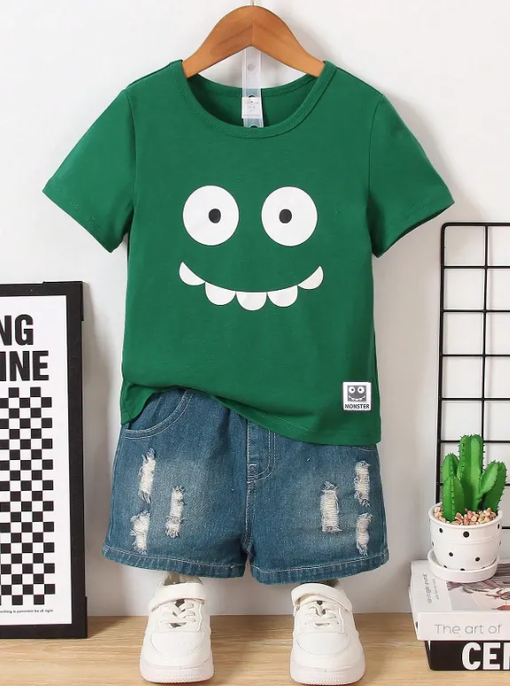 [20261728] Boys' Casual Solid Color Short Sleeve T-Shirt With Smiling Face Print