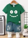 Boys' Casual Solid Color Short Sleeve T-Shirt With Smiling Face Print