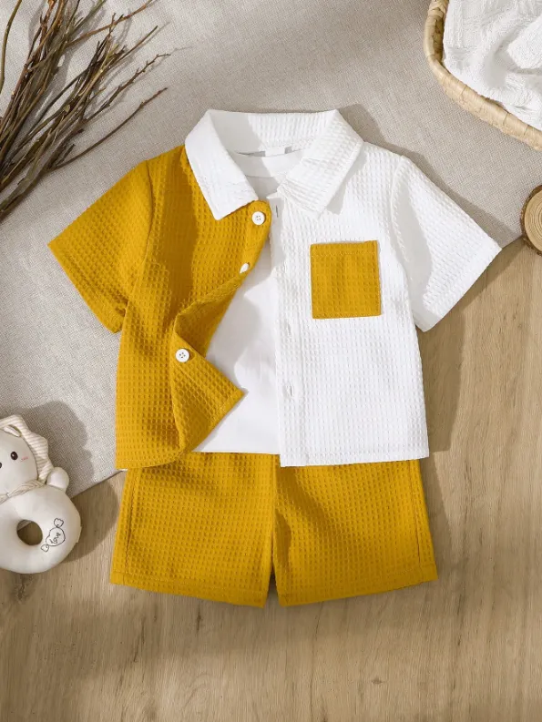 [20261731] Baby Boy Decorated Patch Pocket Lapel Short Sleeve Cardigan And Shorts Set
