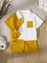 Baby Boy Decorated Patch Pocket Lapel Short Sleeve Cardigan And Shorts Set