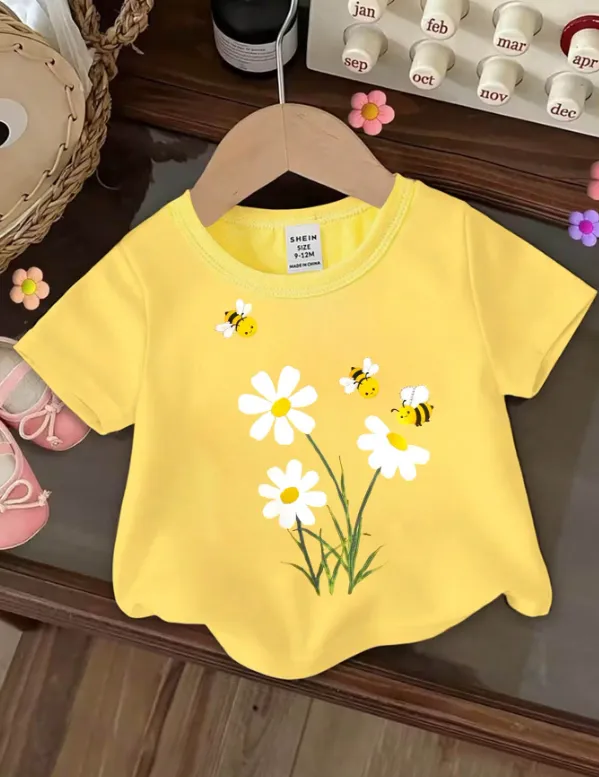 [20261733] Baby Girl Cute Bee, Flower, Daisy Graphic Print Short Sleeve T-Shirt (6-9 M)
