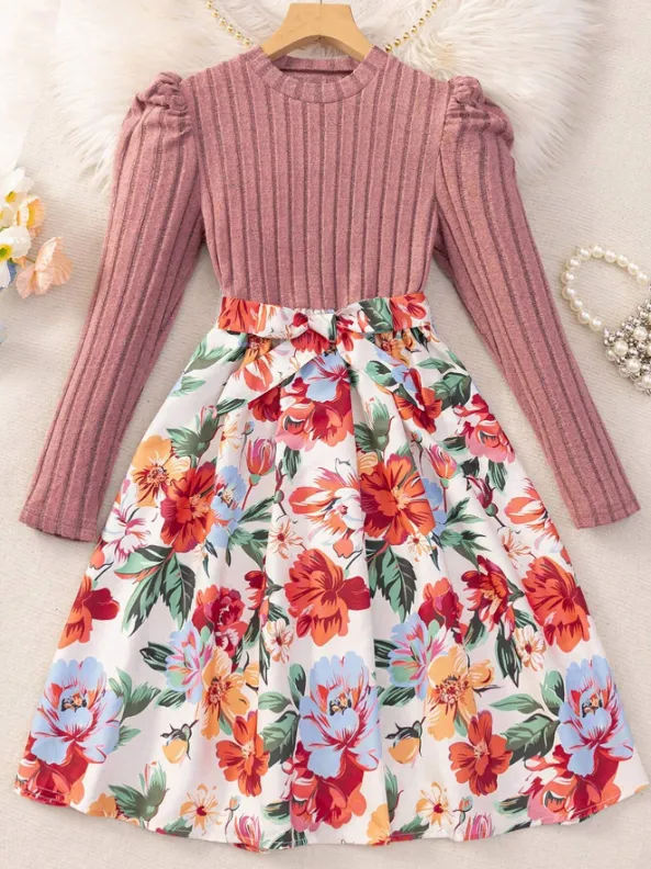 [20261737] Puff Sleeve Knit Fitted Top And Flared Floral Dress Set
