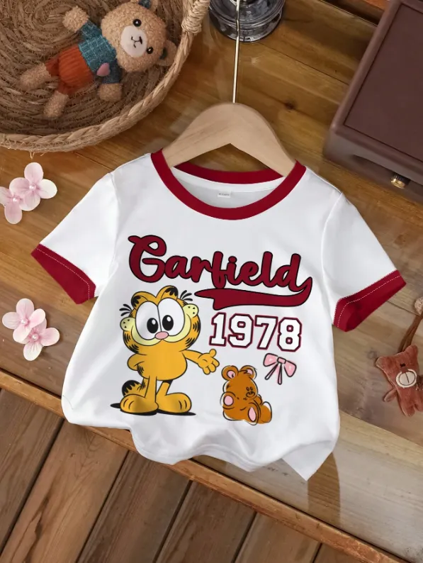 [20261738] Baby Girl Casual Letter & Cartoon Graphic Trim Short Sleeve Top (6-9 M)