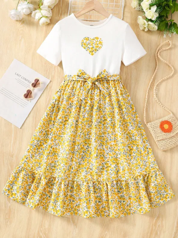 [20261746] Crew Tween Girl Heart & Floral Print Casual Holiday Short Sleeve Dress