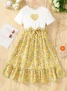 Crew Tween Girl Heart & Floral Print Casual Holiday Short Sleeve Dress