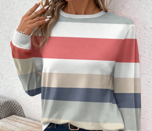 [20261747] Casual Striped Patchwork Pattern Round Neck Long Sleeve T-Shirt For Women