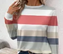 Casual Striped Patchwork Pattern Round Neck Long Sleeve T-Shirt For Women