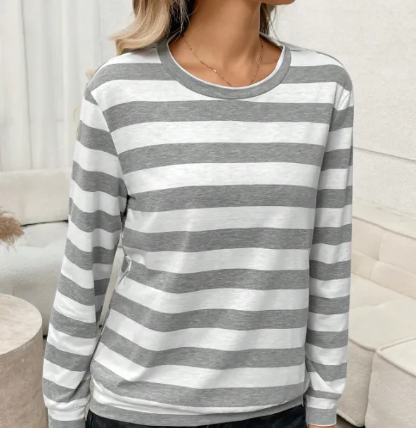 [20261748] Easowa Round Neck Basic Striped Pattern Casual Comfortable Women Long Sleeve Sweatshirt