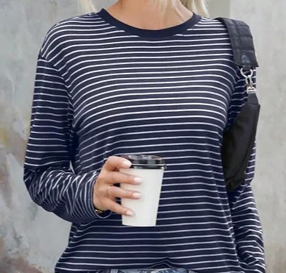 [20261749] Women's Casual Striped Long Sleeve Tops Crew Neck Knit Ribbed Basic T Shirts