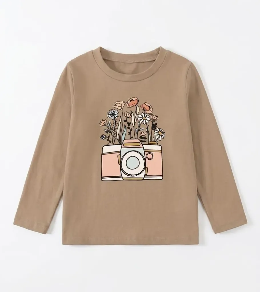 [20261717] Young Girl Casual Cute Camera, Floral Round Neck Long Sleeve T-Shirt
