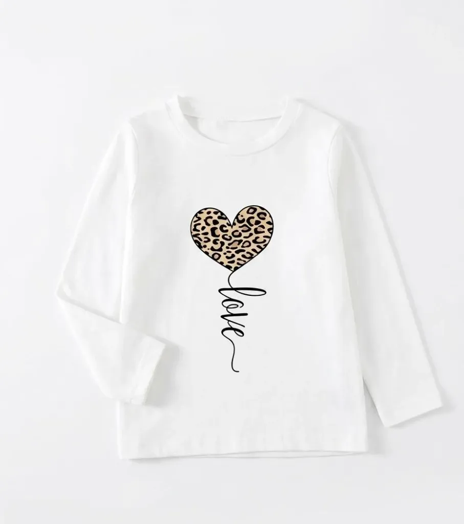 [20261717-2] Young Girl Casual Leopard Heart Shape Round Neck Long Sleeve T-Shirt